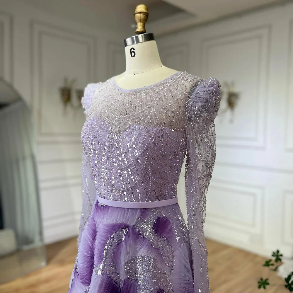 Luxury Dubai Muslim Elegant Lilac Beaded A Line Evening Gown for Formal Occasion LA72847