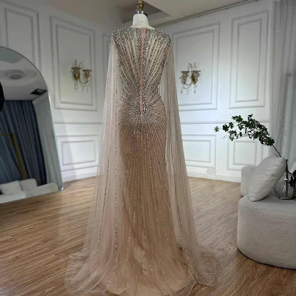 Dubai Luxury Nude Cape Sleeves Beaded Evening Dress LA72575A