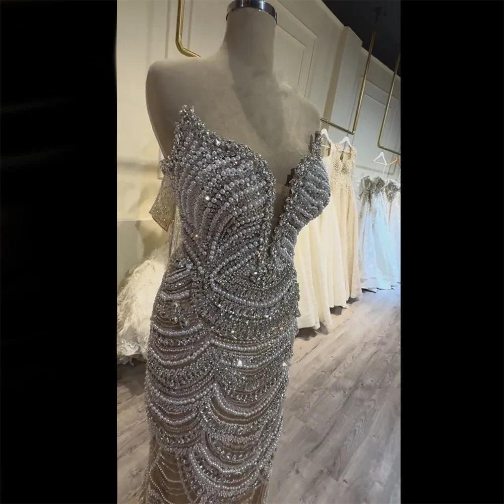 Luxury Nude Silver Beaded Evening Gown with Crystals LA72900