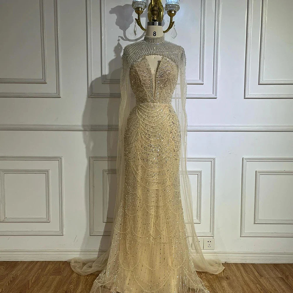 Luxury Nude Pearls Beaded Evening Gown with Long Sheer Cape LA72189A