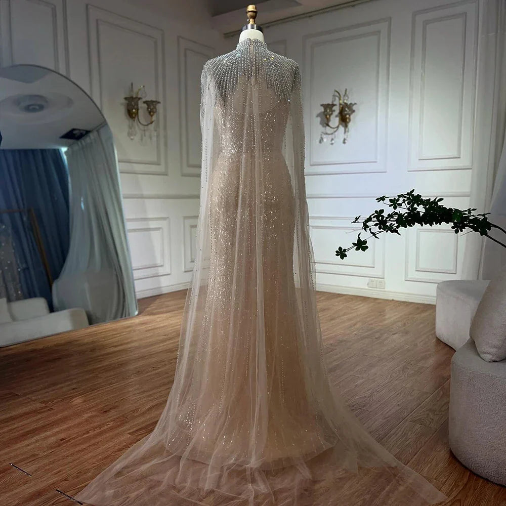 Luxury Nude Pearls Beaded Evening Gown with Long Sheer Cape LA72189A