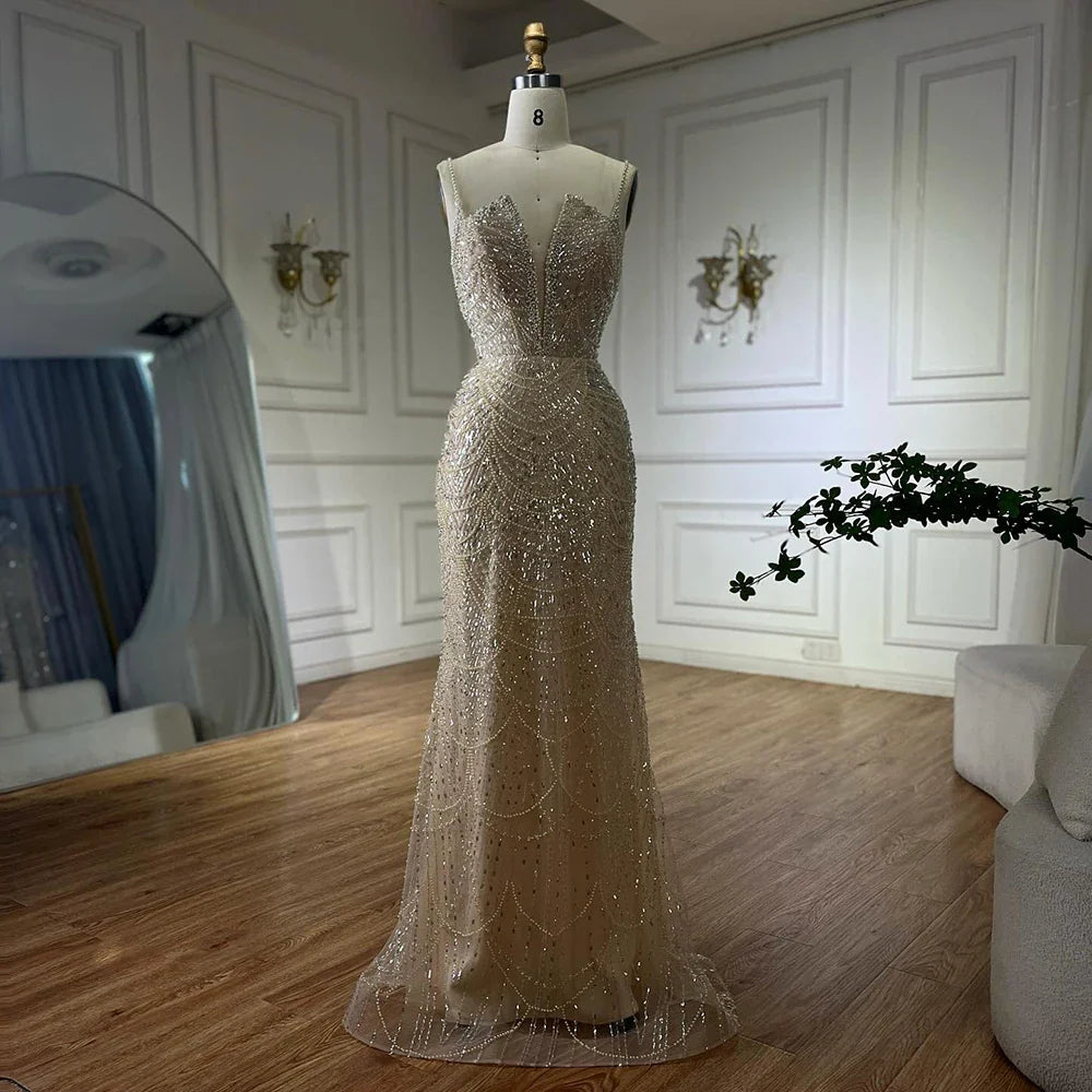 Luxury Nude Pearls Beaded Evening Gown with Long Sheer Cape LA72189A
