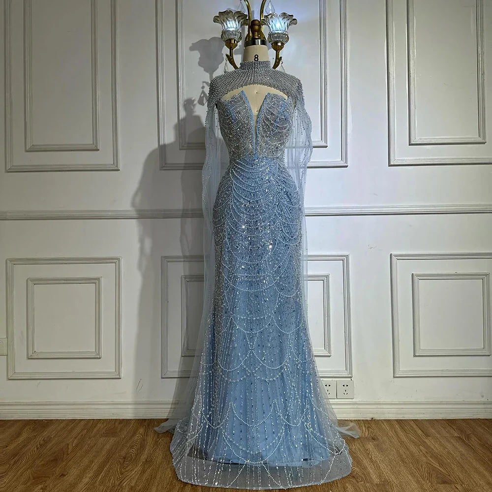 Luxury Nude Pearls Beaded Evening Gown with Long Sheer Cape LA72189A