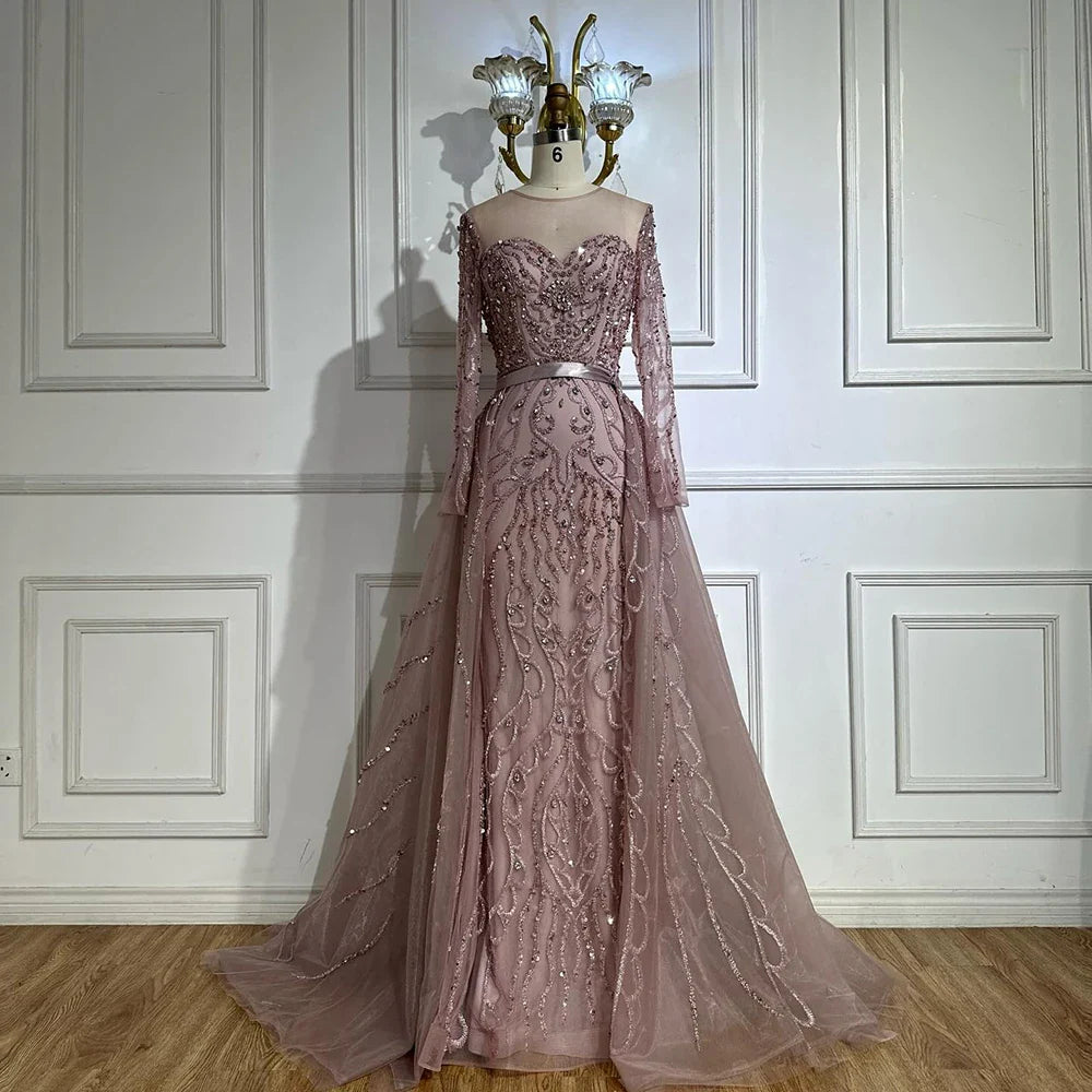 Luxury Dubai Pink Beaded Saudi Arabic Mermaid Evening Gown with Sheer Long Sleeves for Formal Occasion LA72875
