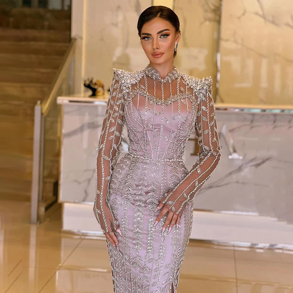 Luxury Dubai Pink Elegant Pearls Beaded Mermaid Evening Dress LA72826