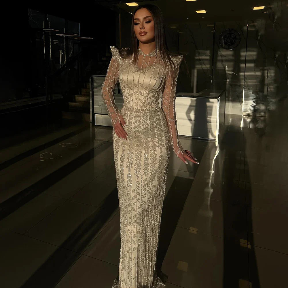 Luxury Dubai Pink Elegant Pearls Beaded Mermaid Evening Dress LA72826