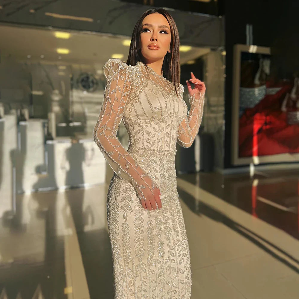 Luxury Dubai Pink Elegant Pearls Beaded Mermaid Evening Dress LA72826