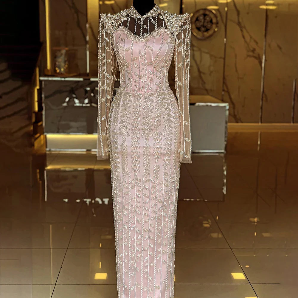 Luxury Dubai Pink Elegant Pearls Beaded Mermaid Evening Dress LA72826