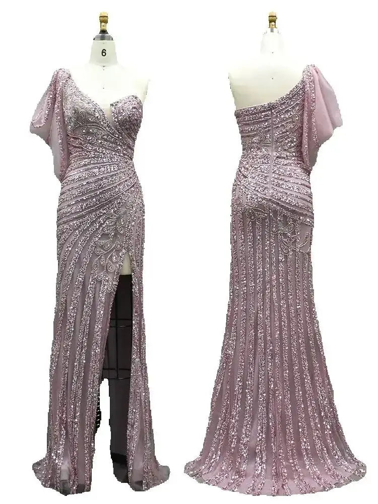 Luxury Dubai Pink One Shoulder Beaded Mermaid Evening Dresses Gowns with High Split for Formal Occasion LA72821