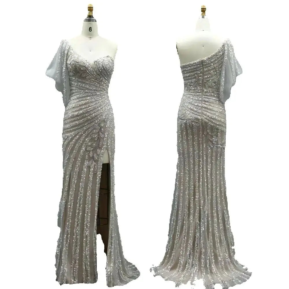 Luxury Dubai Pink One Shoulder Beaded Mermaid Evening Dresses Gowns with High Split for Formal Occasion LA72821