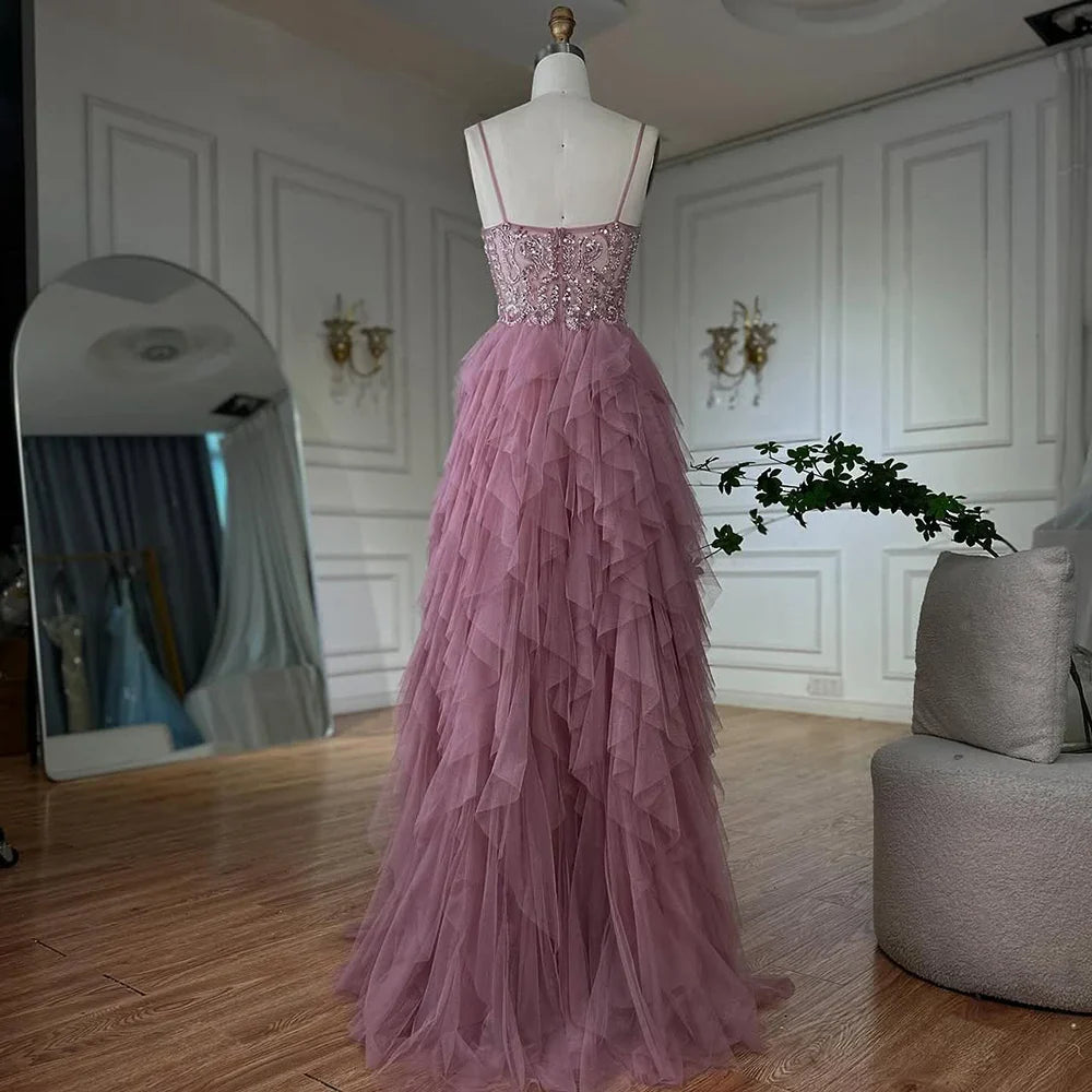 Luxury Dubai Pink Spaghetti Strap Evening Gown Beaded Bodice and Layered Tulle Skirt for Formal Occasion LA72893