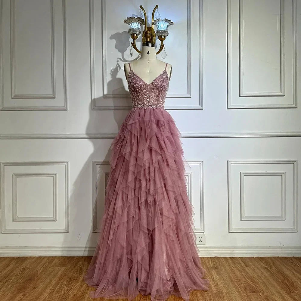 Luxury Dubai Pink Spaghetti Strap Evening Gown Beaded Bodice and Layered Tulle Skirt for Formal Occasion LA72893