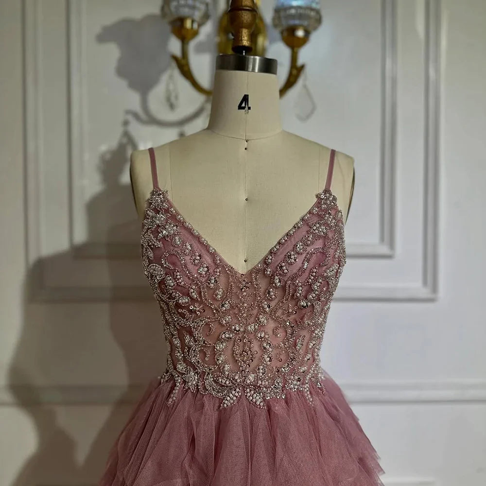 Luxury Dubai Pink Spaghetti Strap Evening Gown Beaded Bodice and Layered Tulle Skirt for Formal Occasion LA72893