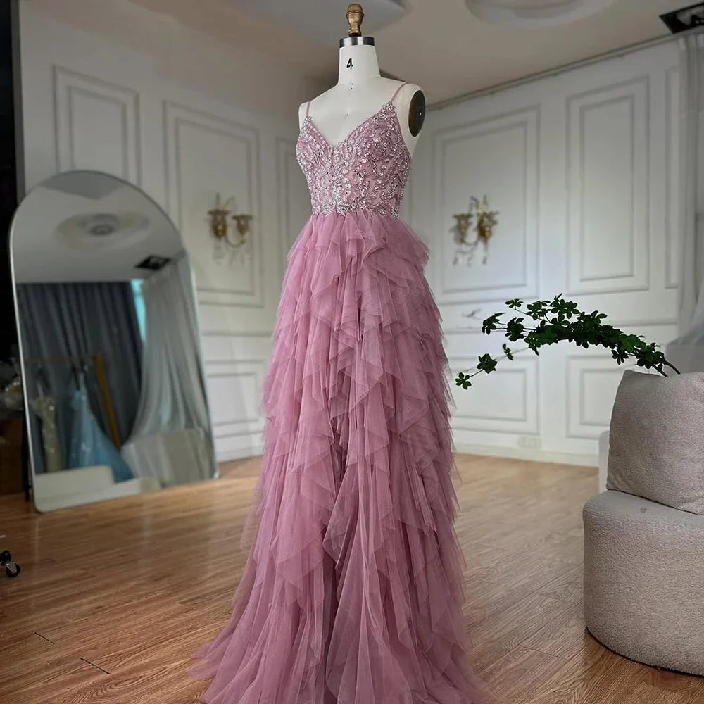 Luxury Dubai Pink Spaghetti Strap Evening Gown Beaded Bodice and Layered Tulle Skirt for Formal Occasion LA72893