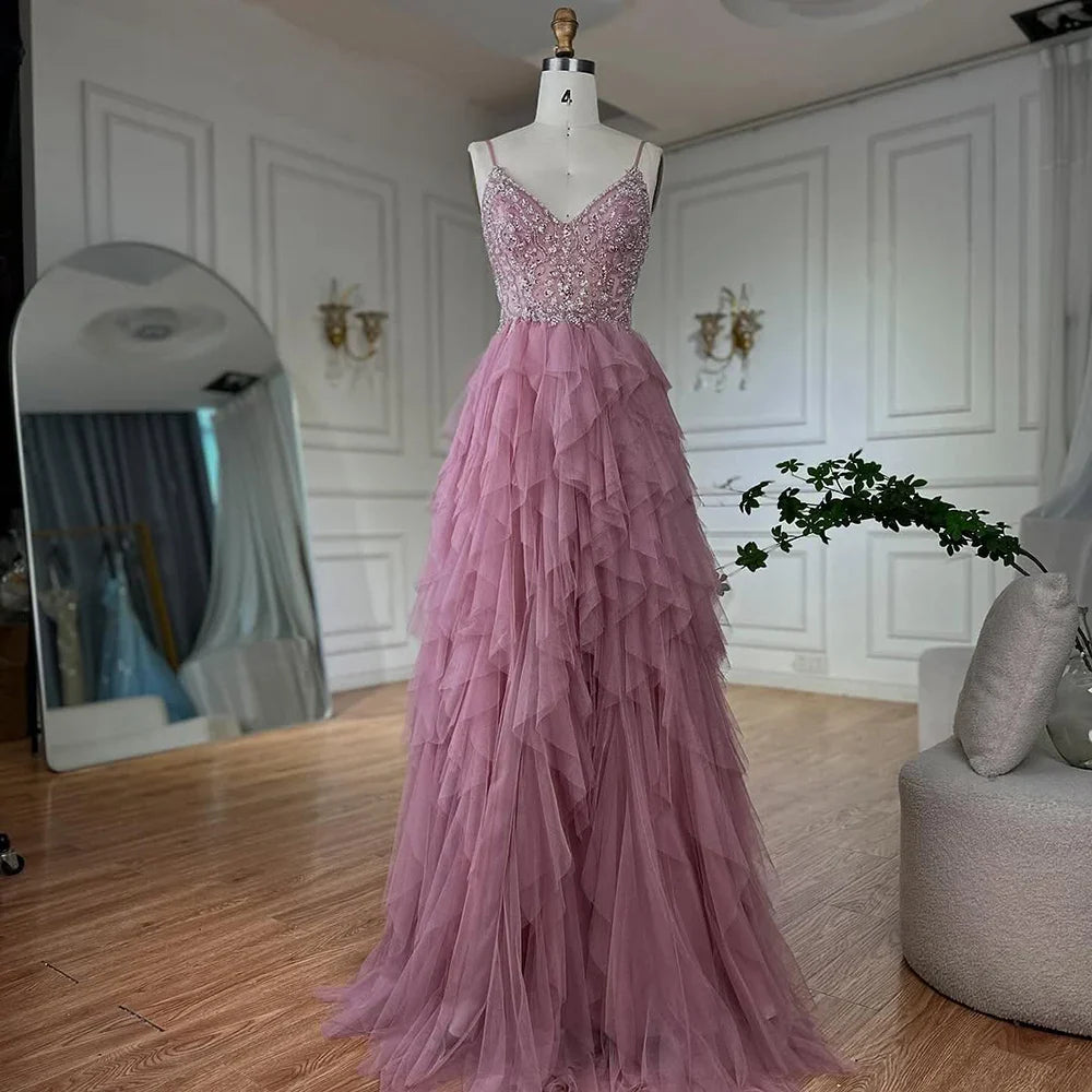 Luxury Dubai Pink Spaghetti Strap Evening Gown Beaded Bodice and Layered Tulle Skirt for Formal Occasion LA72893