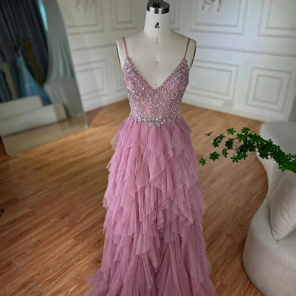 Luxury Dubai Pink Spaghetti Strap Evening Gown Beaded Bodice and Layered Tulle Skirt for Formal Occasion LA72893