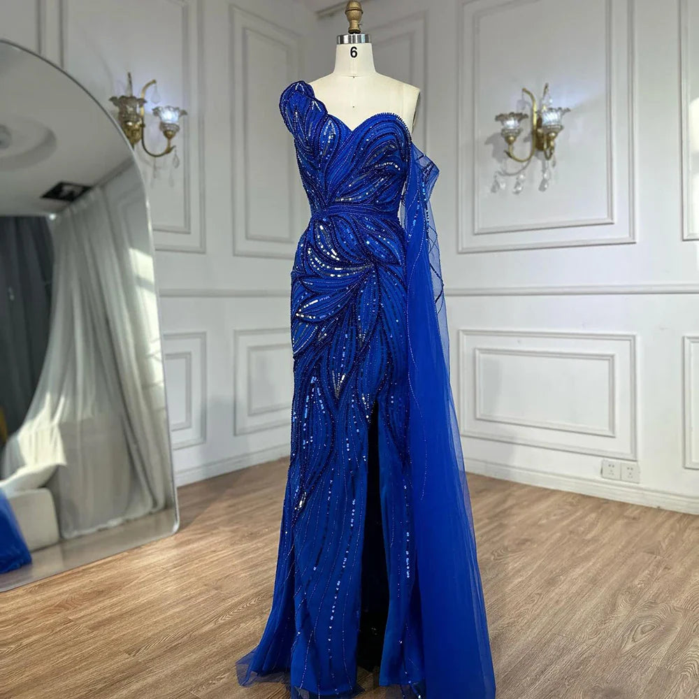 Luxury Royal Blue One Shoulder Mermaid Evening Dress LA72869