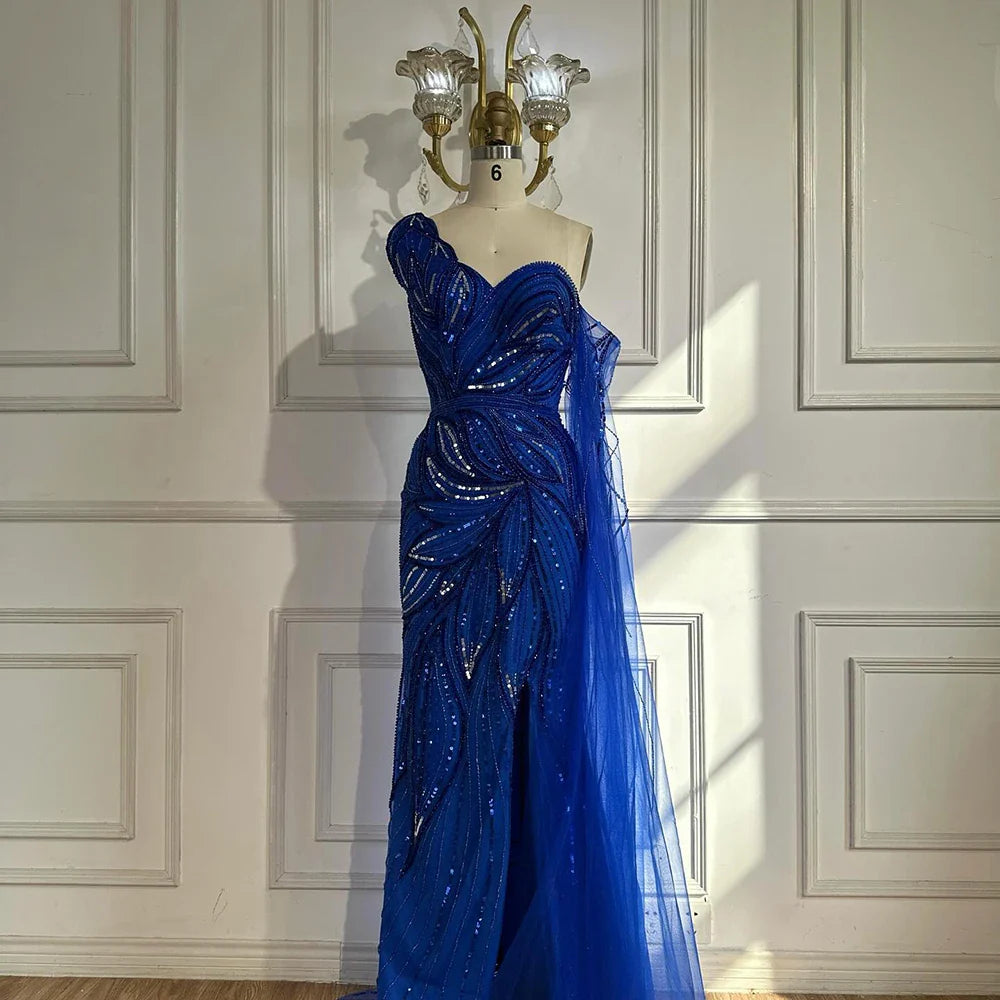 Luxury Royal Blue One Shoulder Mermaid Evening Dress LA72869