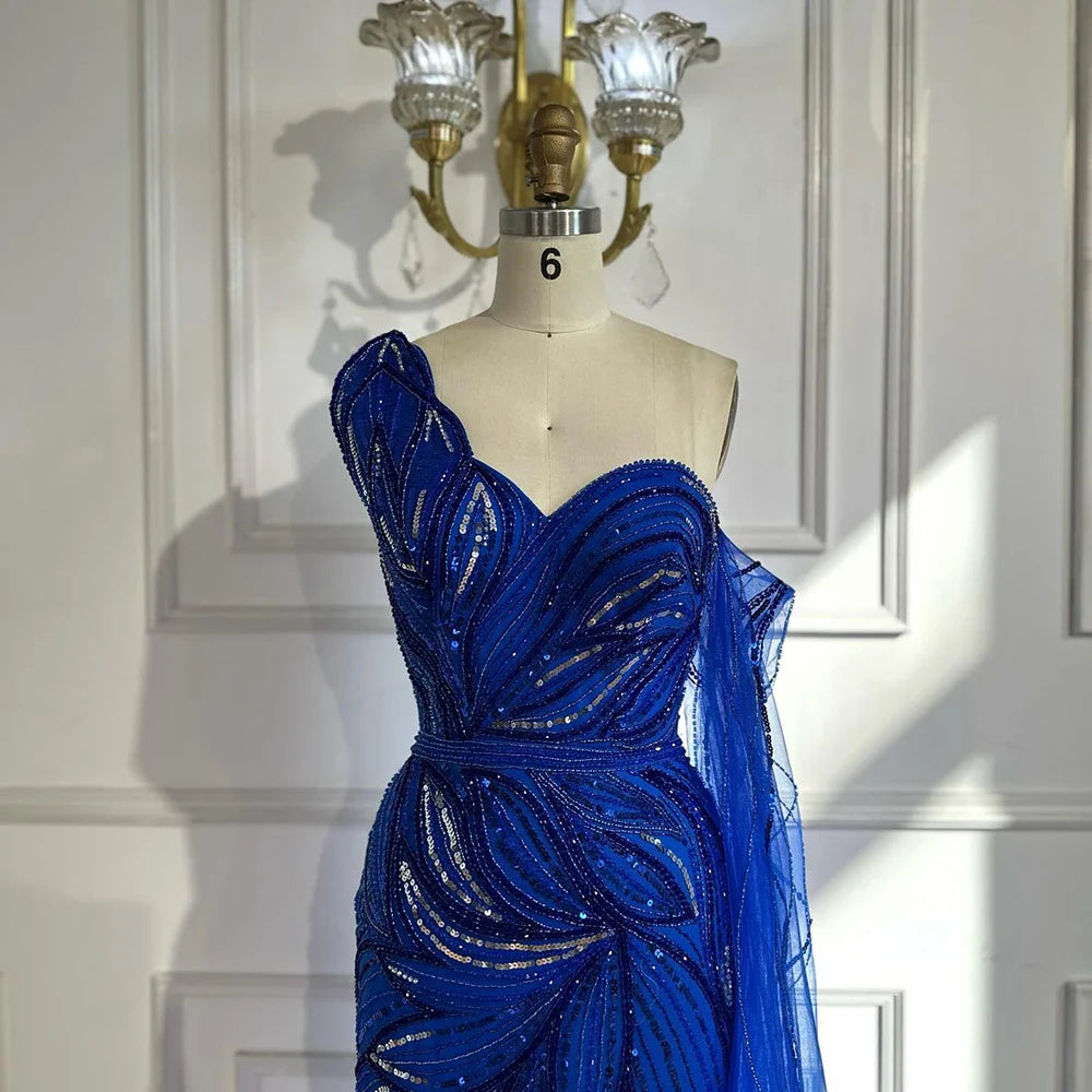 Luxury Royal Blue One Shoulder Mermaid Evening Dress LA72869