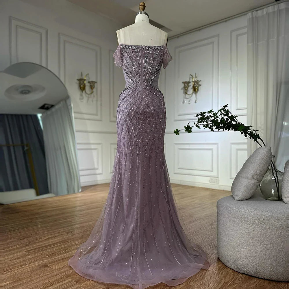 Saudi Arabic Off Shoulder Nude Beaded Tulle Mermaid Evening Gown LA72854