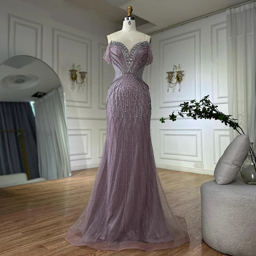 Saudi Arabic Off Shoulder Nude Beaded Tulle Mermaid Evening Gown LA72854