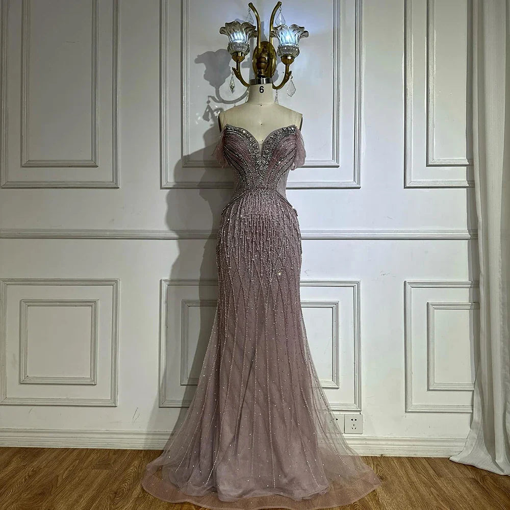 Saudi Arabic Off Shoulder Nude Beaded Tulle Mermaid Evening Gown LA72854