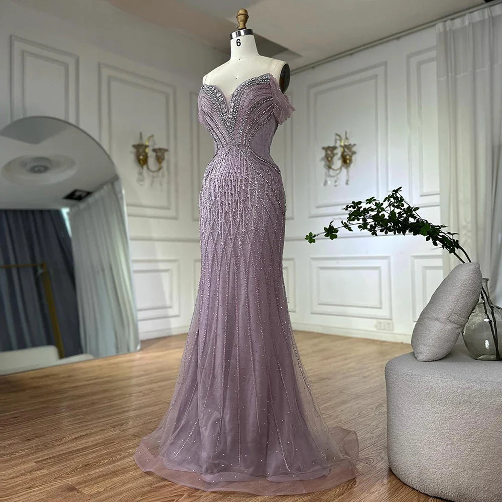 Saudi Arabic Off Shoulder Nude Beaded Tulle Mermaid Evening Gown LA72854