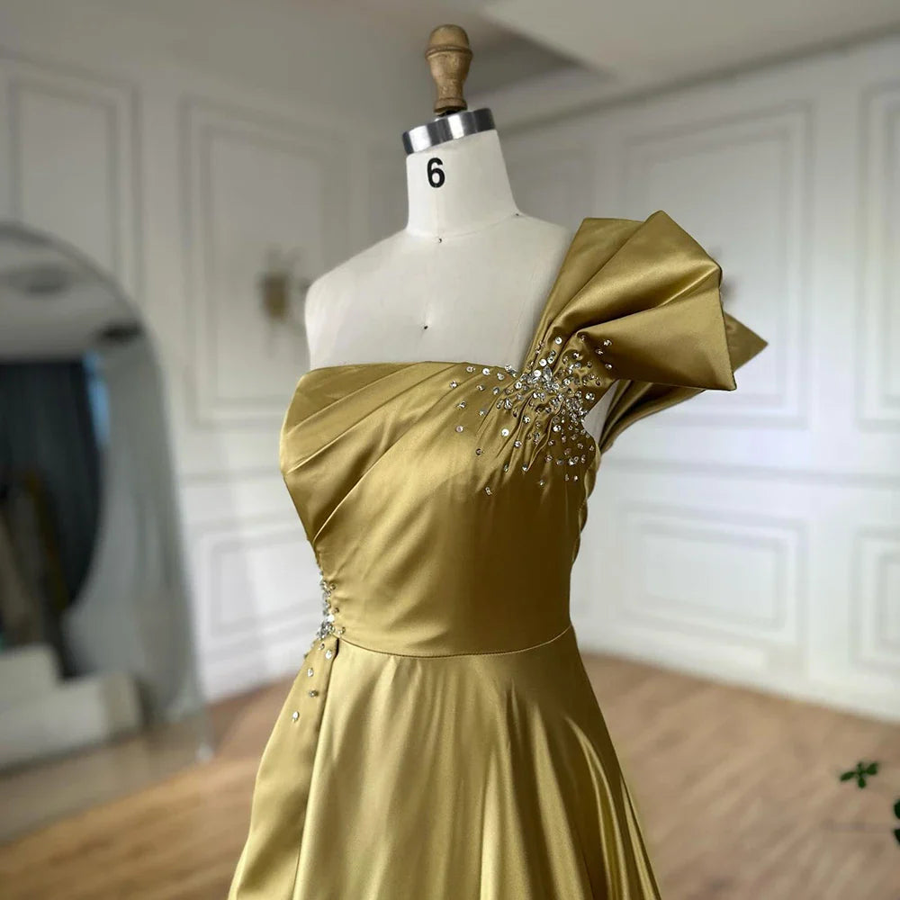 Luxury Yellow Satin One Shoulder A Line Evening Dress LA72794
