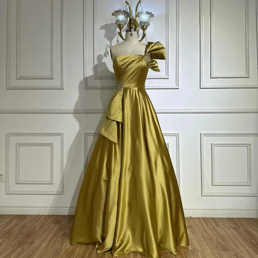 Luxury Yellow Satin One Shoulder A Line Evening Dress LA72794