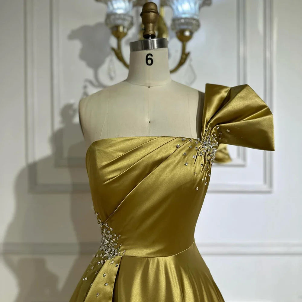 Luxury Yellow Satin One Shoulder A Line Evening Dress LA72794