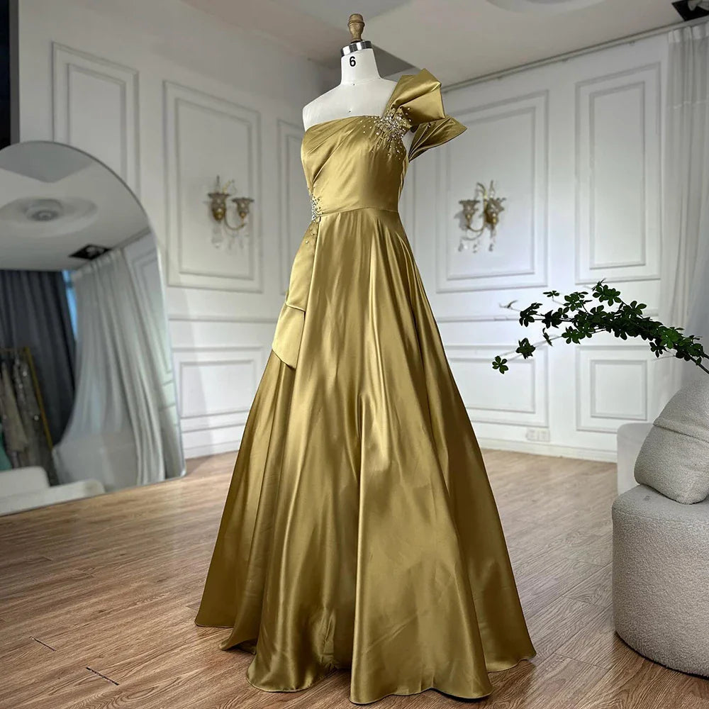 Luxury Yellow Satin One Shoulder A Line Evening Dress LA72794