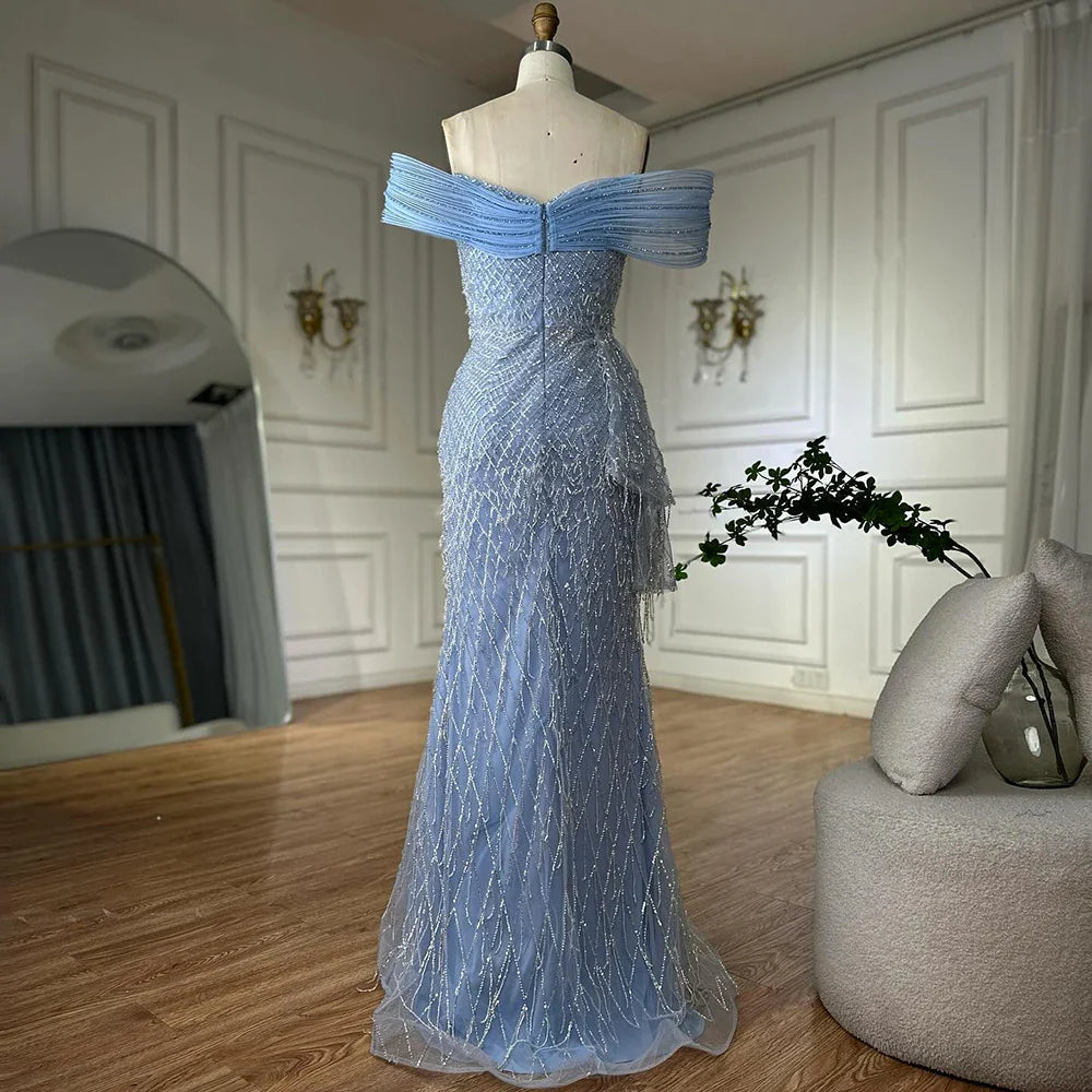 Luxury Blue Beaded Off-Shoulder Mermaid Evening Gown LA72867
