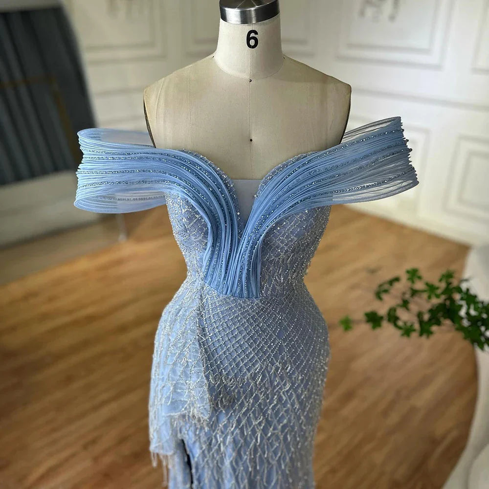 Luxury Blue Beaded Off-Shoulder Mermaid Evening Gown LA72867