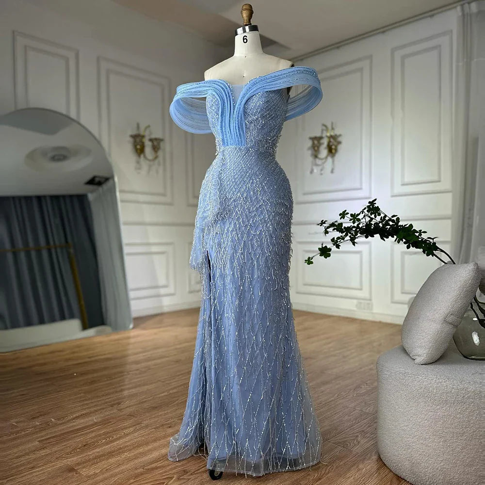 Luxury Blue Beaded Off-Shoulder Mermaid Evening Gown LA72867