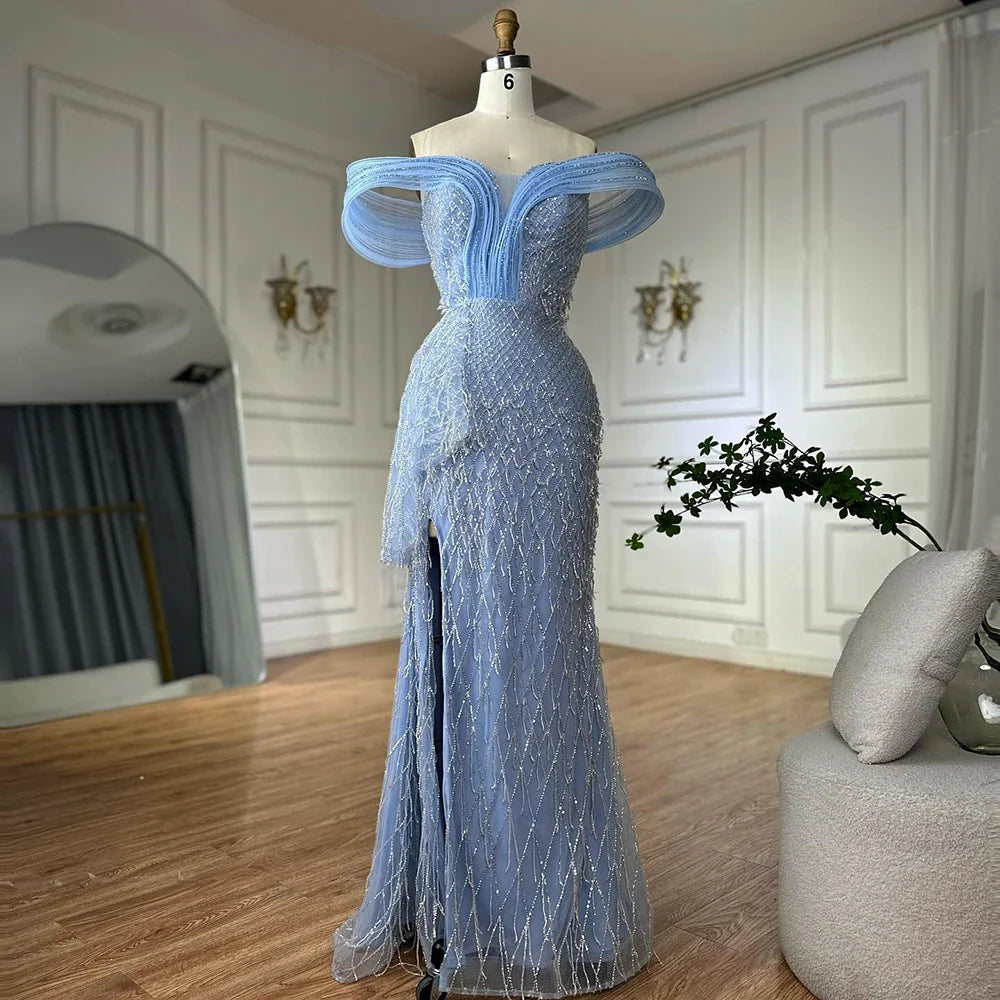 Luxury Blue Beaded Off-Shoulder Mermaid Evening Gown LA72867
