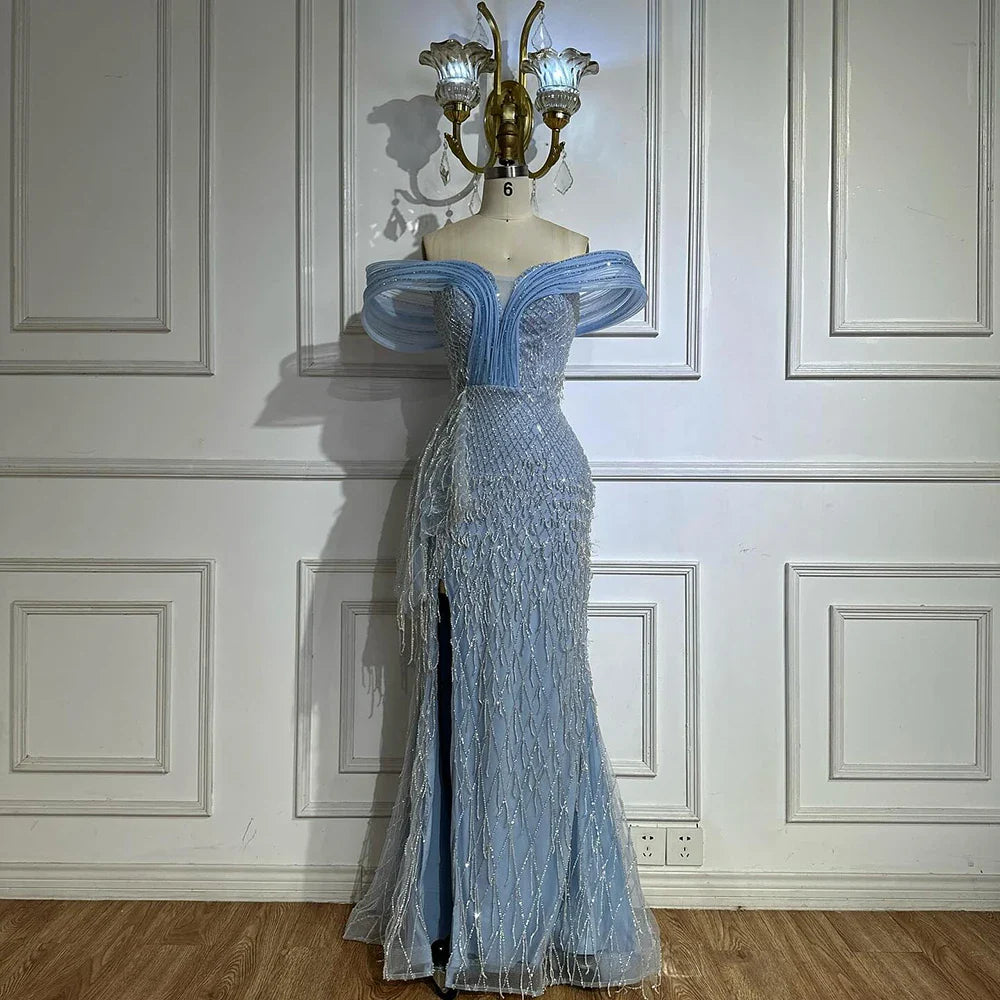 Luxury Blue Beaded Off-Shoulder Mermaid Evening Gown LA72867