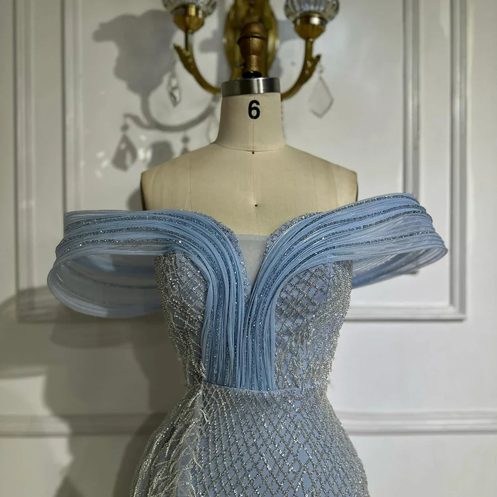 Luxury Blue Beaded Off-Shoulder Mermaid Evening Gown LA72867