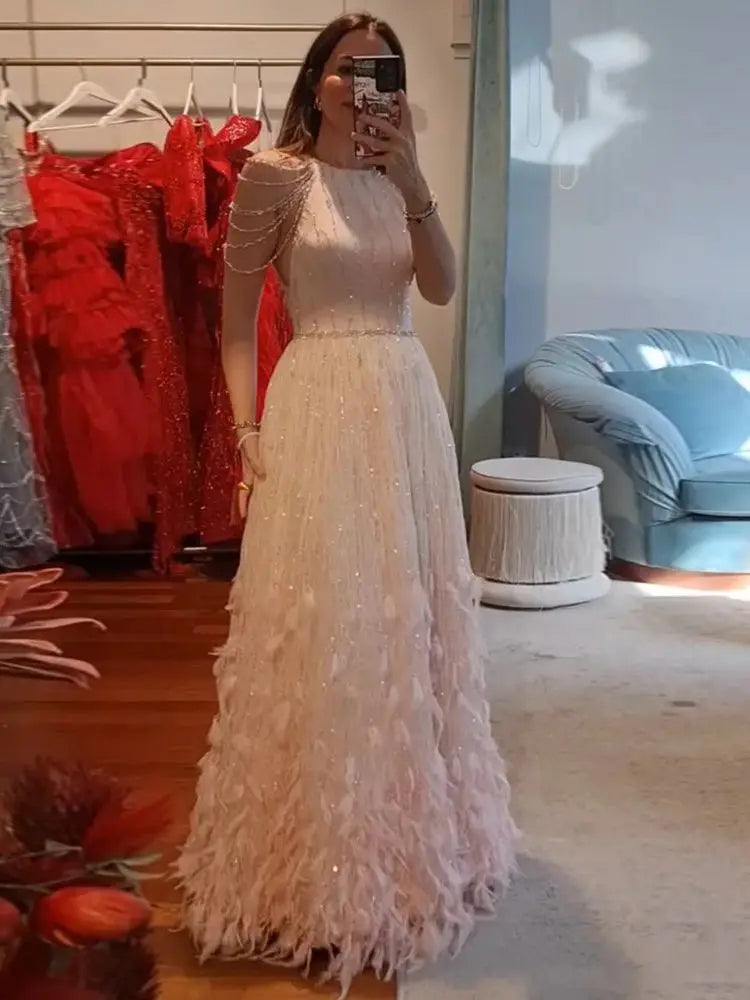 Luxury Dubai Saudi Luxury Pink Feathers A Line Arabic Beaded Evening Dress Gown for Formal Occasion LA72721