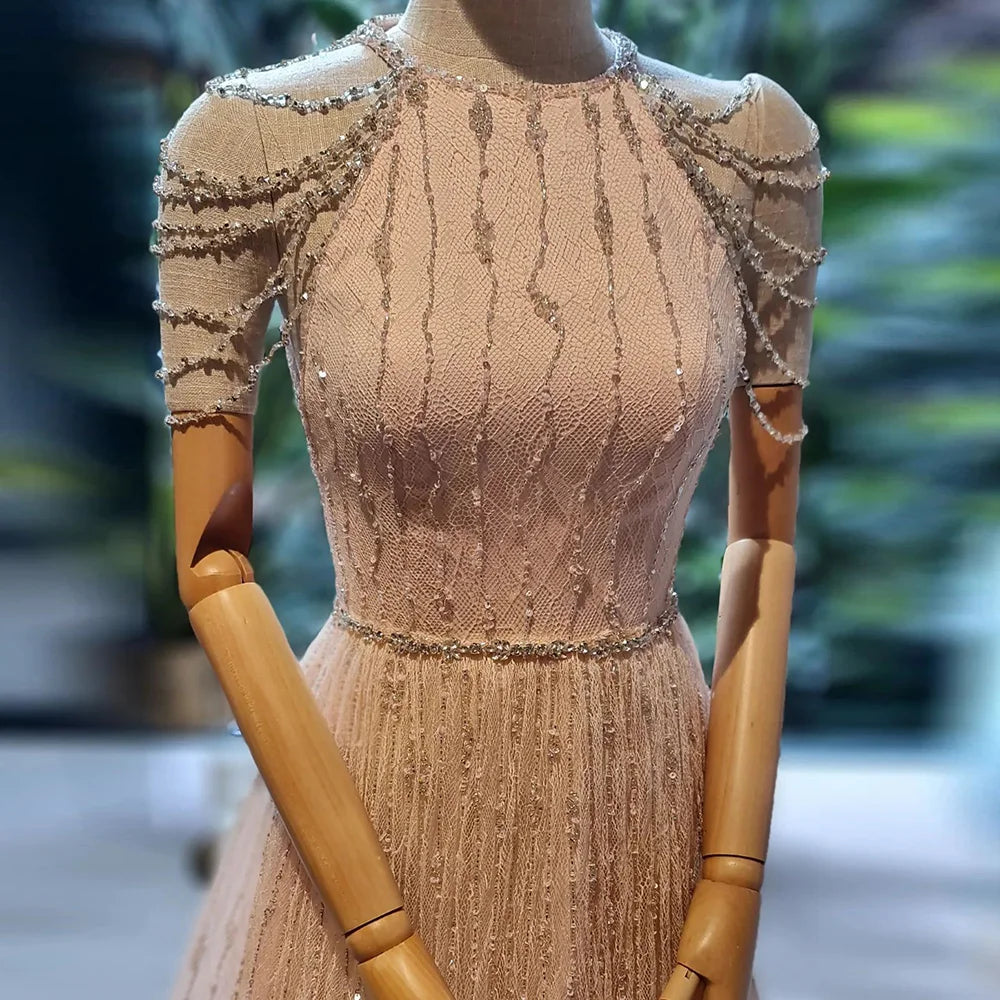 Luxury Dubai Saudi Luxury Pink Feathers A Line Arabic Beaded Evening Dress Gown for Formal Occasion LA72721