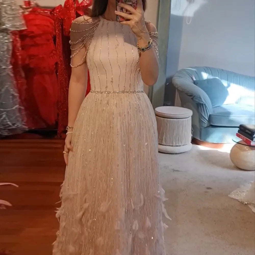 Luxury Dubai Saudi Luxury Pink Feathers A Line Arabic Beaded Evening Dress Gown for Formal Occasion LA72721