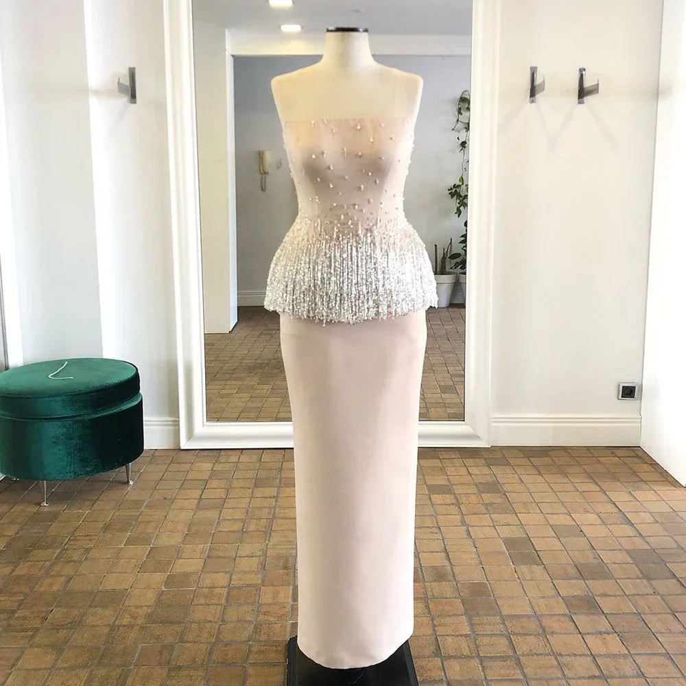 Luxury Dubai Saudi Nude Pink Arabic Mermaid Evening Dresses Gowns Beaded Tassel for Occasion LA72804