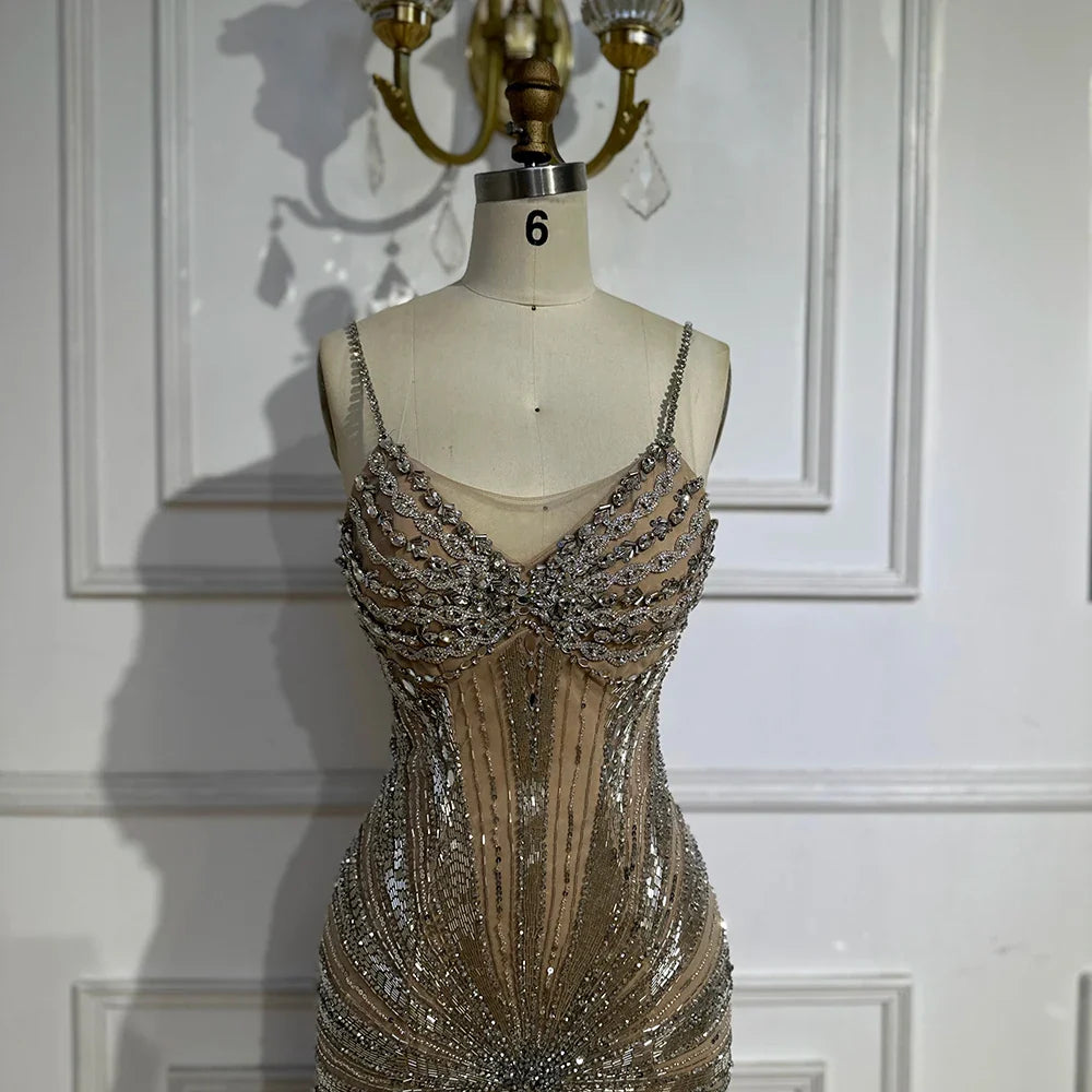 Luxury Dubai Silver Nude Beaded Spaghetti Strap Mermaid Evening Dresses Gowns for Formal Occasion LA72803