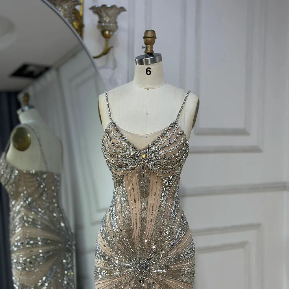 Luxury Dubai Silver Nude Beaded Spaghetti Strap Mermaid Evening Dresses Gowns for Formal Occasion LA72803