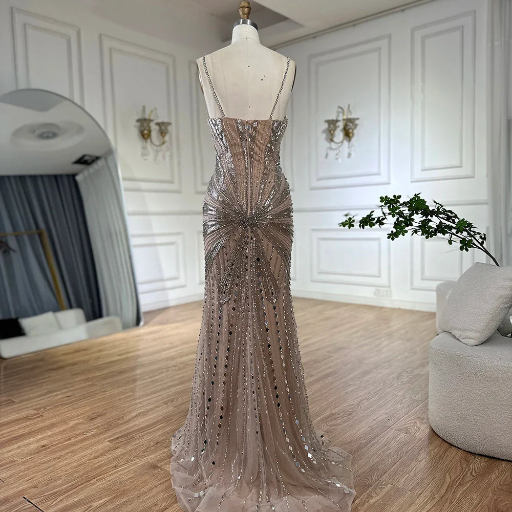 Luxury Dubai Silver Nude Beaded Spaghetti Strap Mermaid Evening Dresses Gowns for Formal Occasion LA72803