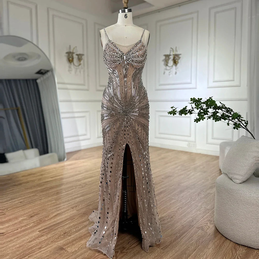 Luxury Dubai Silver Nude Beaded Spaghetti Strap Mermaid Evening Dresses Gowns for Formal Occasion LA72803