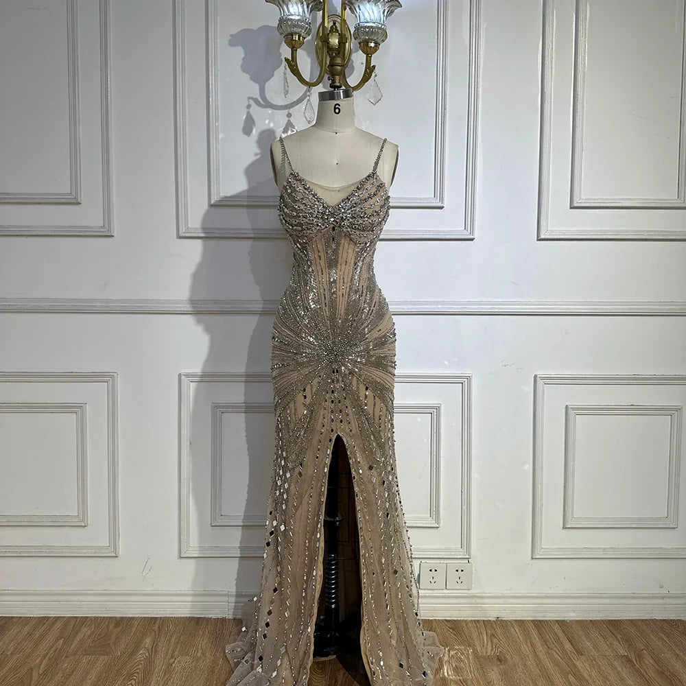 Luxury Dubai Silver Nude Beaded Spaghetti Strap Mermaid Evening Dresses Gowns for Formal Occasion LA72803