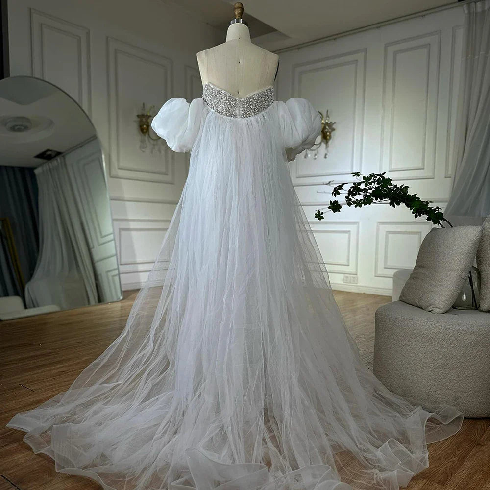 Nude Beaded Evening Gown with Vintage Half Puff Sleeves LA72653A