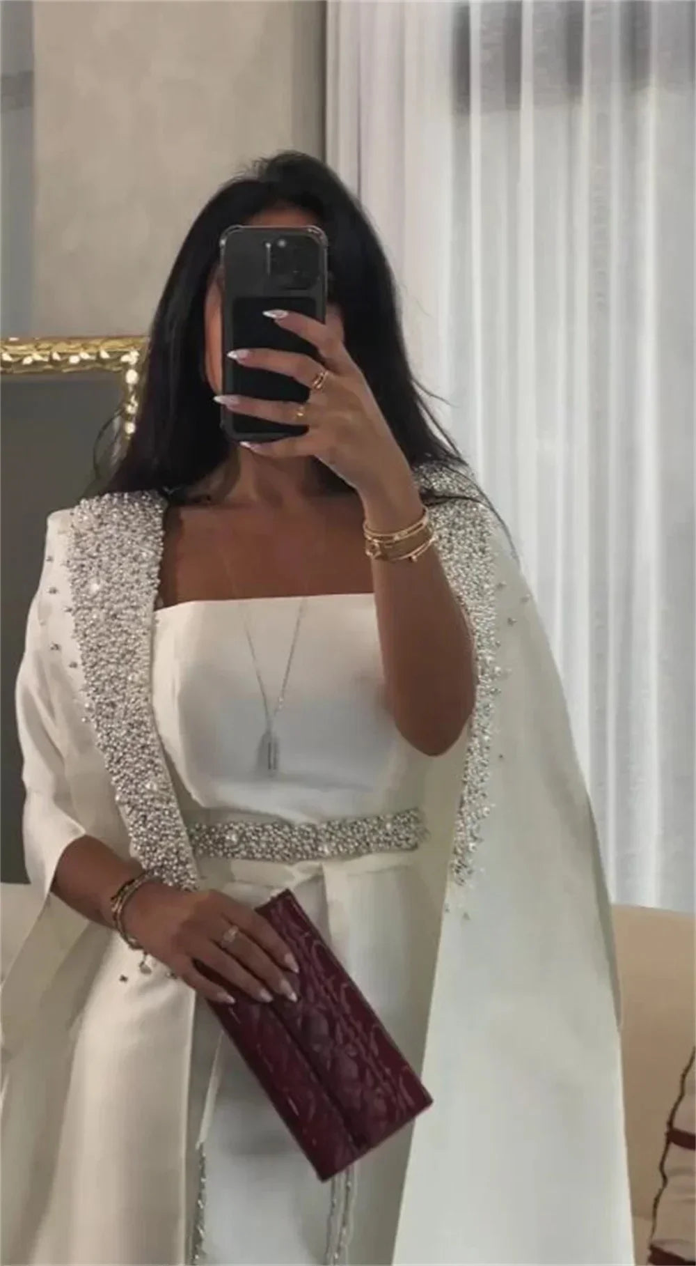 Luxury Dubai White Mermaid Satin Arabic Evening Dresses Gowns with Long Cape for Formal Occasion LA72825