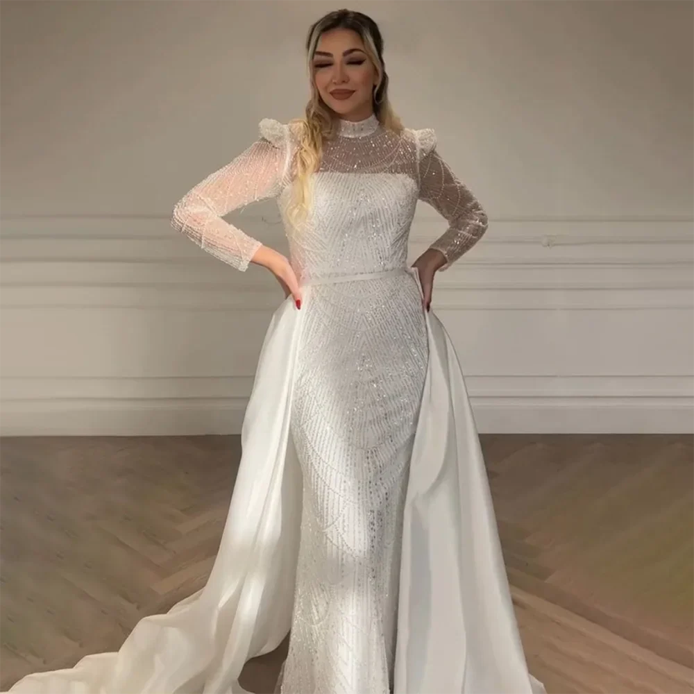 Luxury Dubai White Muslim Mermaid Evening Dress Gown with Detachable Overskirt for Formal Occasion LA72032L