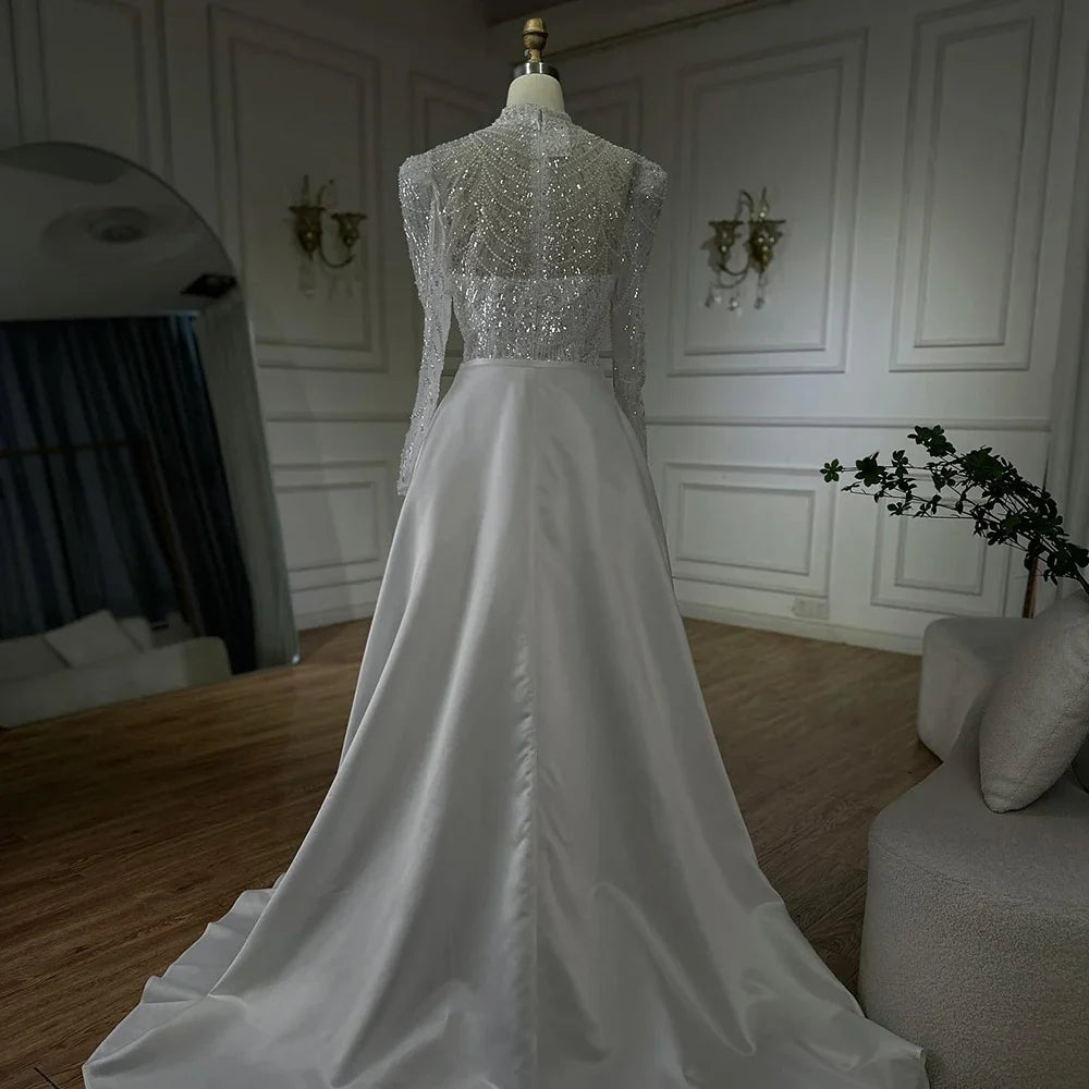 Luxury Dubai White Muslim Mermaid Evening Dress Gown with Detachable Overskirt for Formal Occasion LA72032L